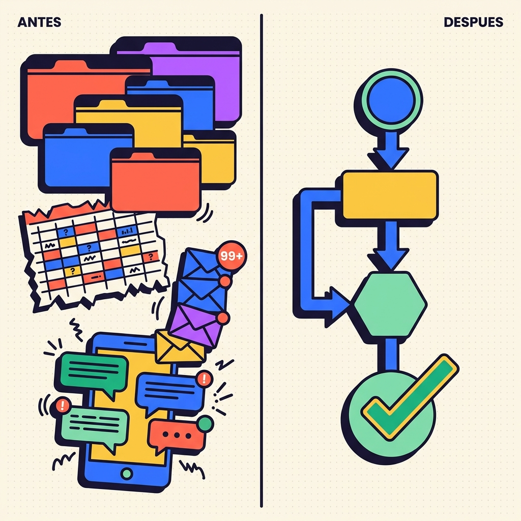 Antes y después: del caos de pestañas, Excel, correos y WhatsApp a una automatización conectada con un check verde